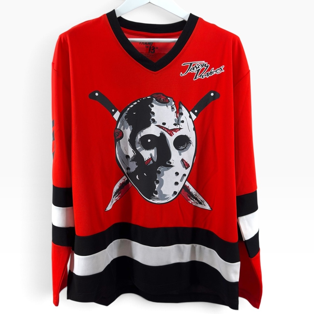 🚨🔪Rare Friday the 13th Mens Jason Voorhees RED Graphic Hockey Jersey Sz XL